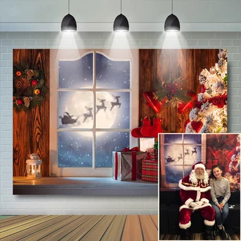 

Christmas Party Windows Moon Backdrop Photography Photo Background Christmas Tree Red Socks Reindeer Banner Photocall