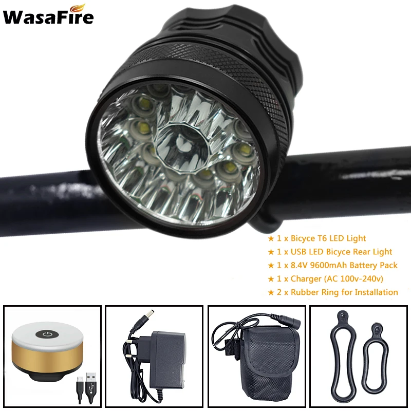 black 9600 taillight WasaFire 13* XML-T6 светодиодный велосипедный передний светильник 18000лм велосипедный головной светильник+ аккумулятор 9600 мАч+ Предупреждение безопасности USB велосипедный светильник s - Цвет: black 9600 taillight