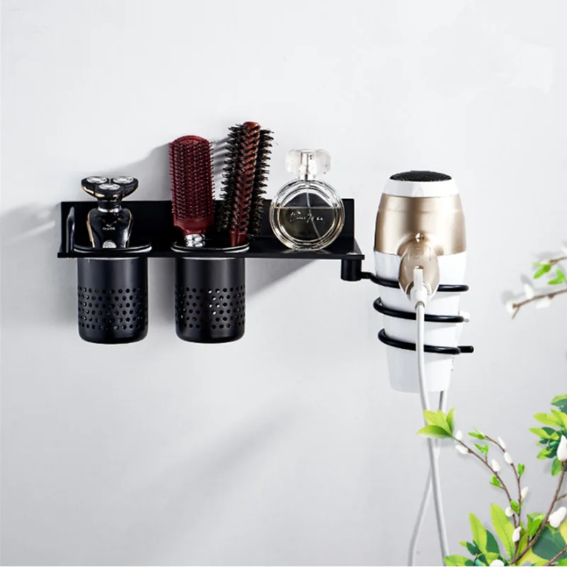 Black/Silver Hair Dryer Bracket Hanging Hair Dryer Organiser Shelf