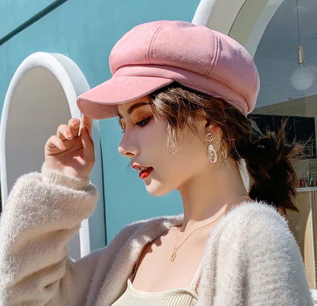 pink Шляпа женская осенняя и зимняя модная шерстяная шляпа Корейская версия дикого цвета утиный язык Британский живописец шляпа японский octago - Цвет: pink