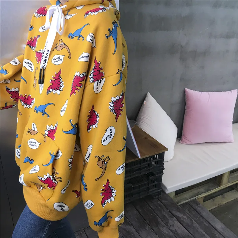 Зимняя Новинка ulzzang веселое Harajuku динозавр мультфильм милый Принт толстовка с капюшоном модная свободная с капюшоном Повседневная Женская толстовка