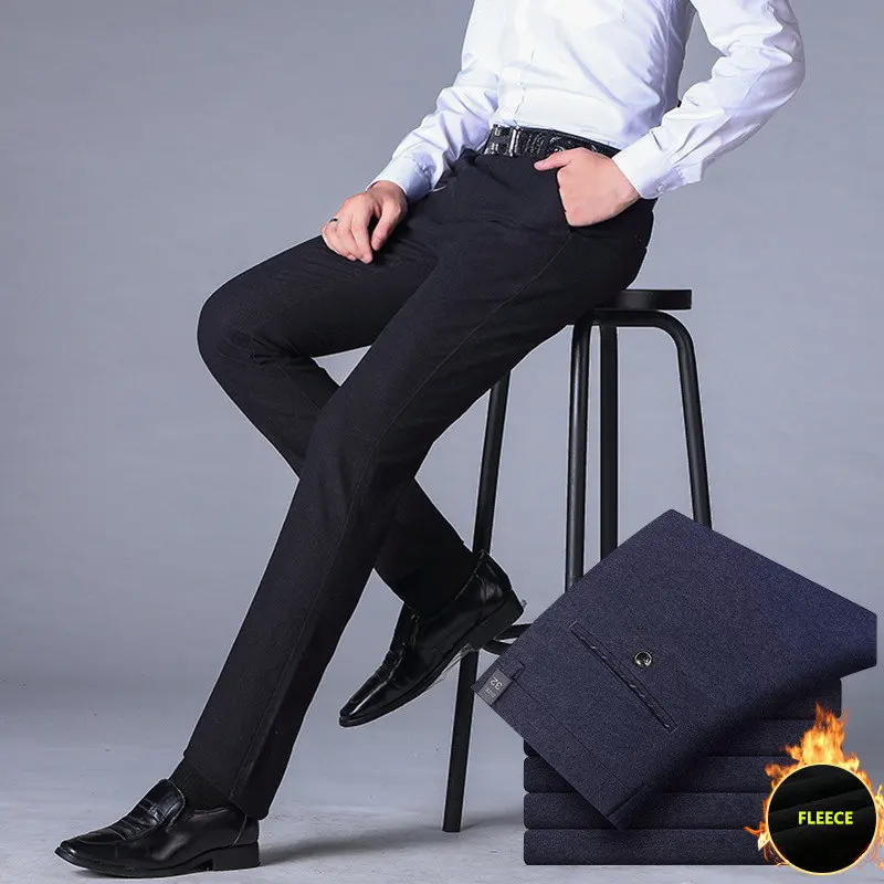 

Mens Slim Suit Pants Warm Fleece Men Wedding Dress Straight Business Office Trousers Mens Winter Velvet Formal Pants Plus Size