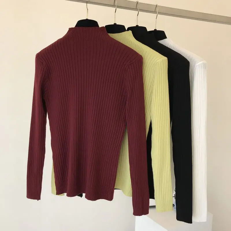 Semi-high Collar Undershirt Women Autumn and Winter Korean Pure Color Long Sleeve Knitting Top Stretch Slim Knitted Sweaters