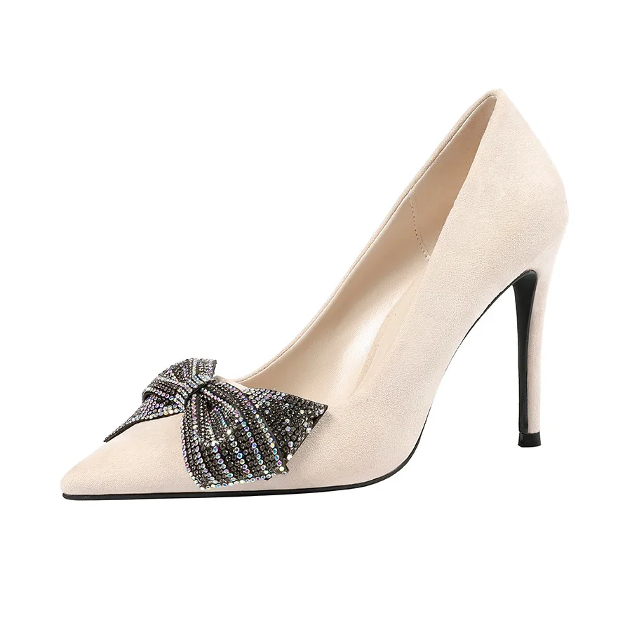 Туфли-лодочки на каблуке 10 см; Новые пикантные туфли на высоком каблуке в европейском и американском стиле; женские туфли на шпильке с острым носком и бантом; туфли для торжеств со стразами