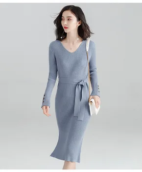 

2020 NEW autumn and winter new Korean version of the medium and long temperament package hip skirt V-neck pit sweater sweater