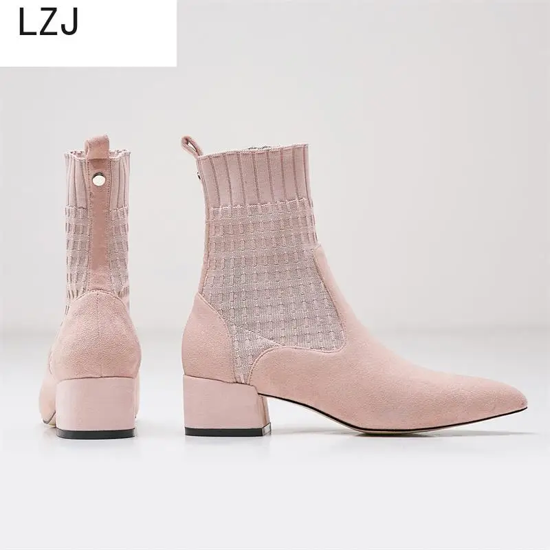 Skup 2019 buty damskie Pointed Toe przędza elastyczny gruby obcas wysokie obcasy buty kobieta kobieta skarpetki knitting botki różowe buty czarne