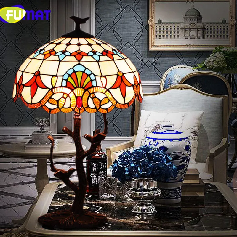 FUMAT Tiffanylamp настольные лампы Pteris Staiend стеклянный абажур для спальни прикроватные лампы светодиодный домашний арт-деко Свадебный Настольный светильник