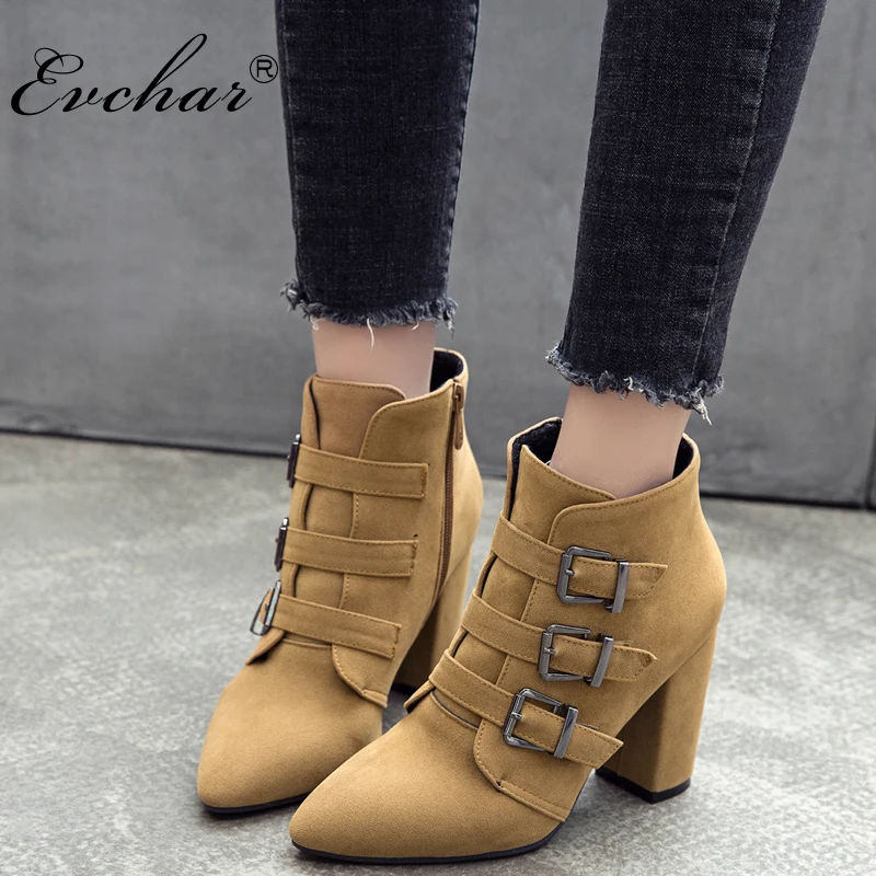 

EVCHAR Womens Ankle Boots thick High Heels Fashion PU Buckle Zipper Pointed Toe Boots Autumn Shoes Woman big size 34-50