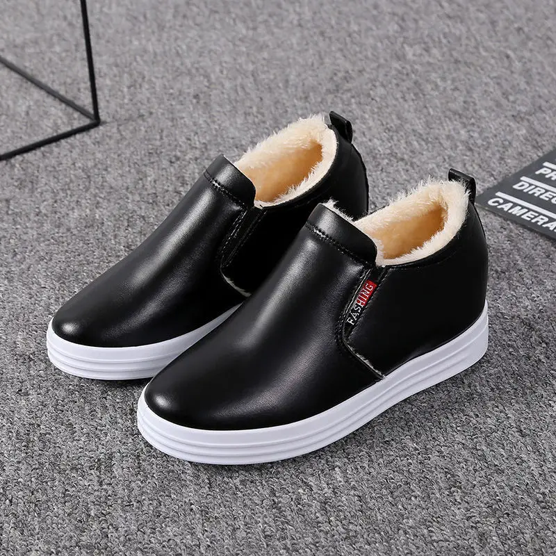 

[Plus Velvet/Single Model] Autumn And Winter plus Thick Cotton Elevator White Shoes Loafers Slip-on WOMEN'S Casual Shoes Black
