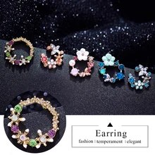 SHUANGR, корейский стиль, цветные стразы, венок, серьги-гвоздики для женщин, милый цветок, раковина, маленький круг, Brincos, ювелирное изделие, подарок