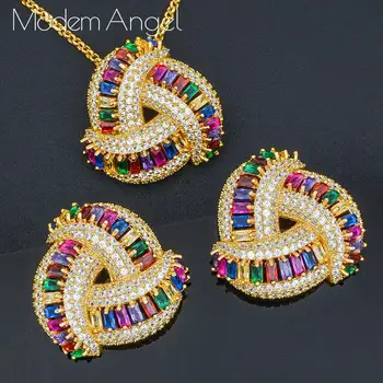 

ModemAngel luxury Line Delicate Flower Multicolour Shiny AAA Cubic Zirconia Wedding Women 2PCS Necklace Earring Fashion Jewelry