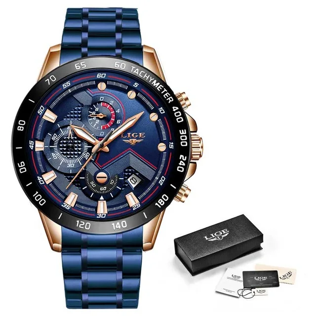 ROSE GOLD BLUE LIGE новые мужские спортивные часы Топ бренд класса люкс бизнес часы из нержавеющей стали мужские модные водонепроницаемые наручные часы Relogio Masculino - Цвет: ROSE GOLD BLUE