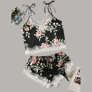 

3Pcs Sexy Lingerie Set pijamas Women Satin Lace Floral Print Camisole Shorts Thong Sleepwear Set pijama mujer Free Shipping