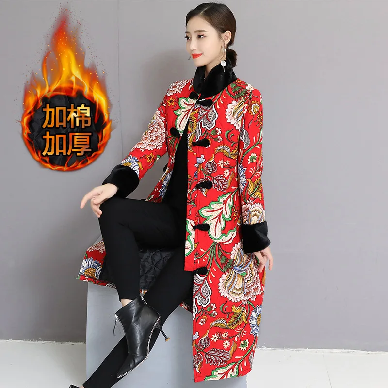 

2019 Autumn And Winter New Style Ethnic-Style WOMEN'S Dress Cotton-padded Jacket Chinese Style Retro Printed Cotton Linen Thick