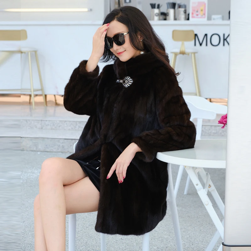 dark brown Женская зимняя одежда, верхняя одежда, пальто, натуральный мех, новинка, большие размеры, норковая шуба, 1021 - Цвет: dark brown