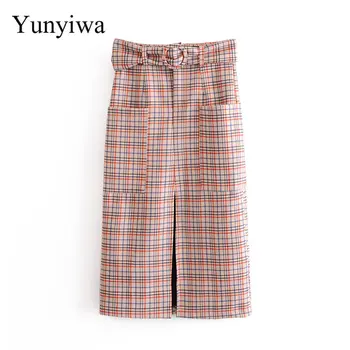 

New Women Vintage Plaid Print Front Split Sashes Midi Skirt Faldas Mujer Lady Pocket Vestidos Casual Slim Straight Skirts