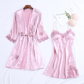 

Pink Women Rayon Night Robe Strap Top Pajamas Summer Two Piece Sleepwear Sets Casual Home Wear Nightwear Sleep Kimono Bath Gown