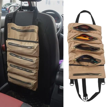 

Canvas Hanging Car Tool Storage Bag Tool Roll Up Bag Waxed Storage Pouch Tools Tote Carrier Back Seat Stowing Tidying Organizer