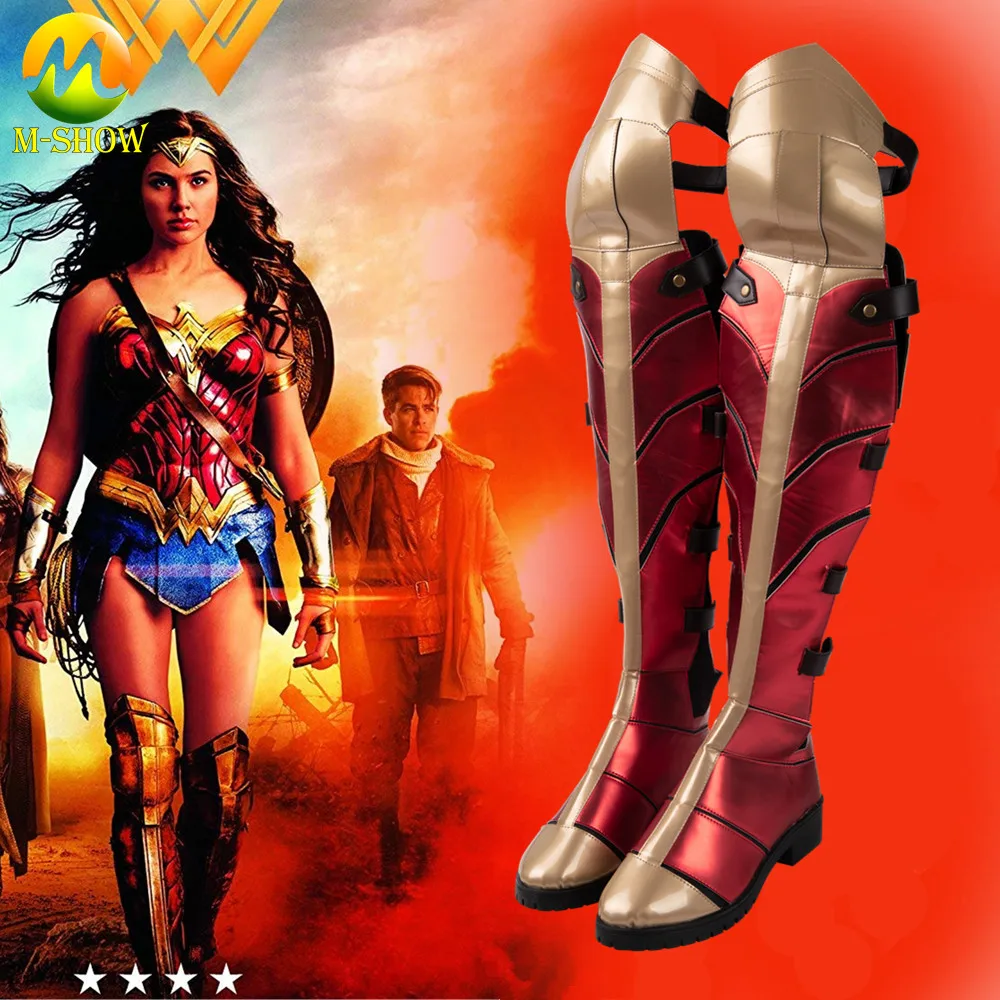 

Halloween Fancy Boots Wonder Woman Cosplay Costume Shoes for Adult Women Luxurious Faux Leather Red Boots Custom Made