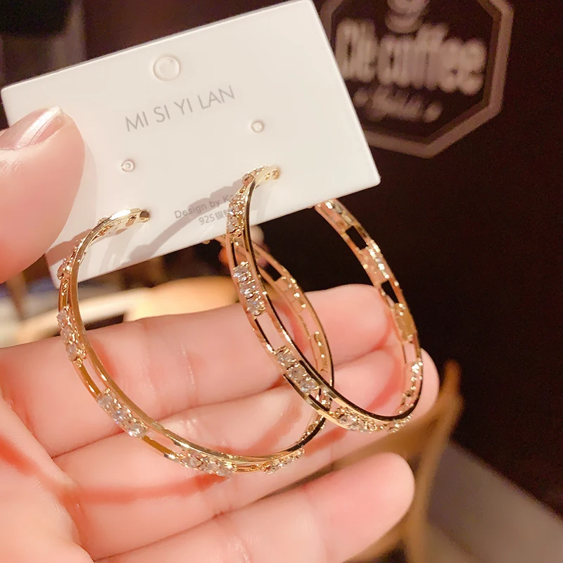 Luxury Female Big White Round Hoop Earrings Fashion Gold Color Color Wedding Earrings Double Zircon Stone For Women hoop earrings golden earrings