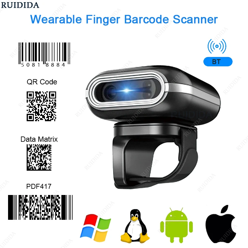 QR Code 1D/2D Ring Scanner Wearable Scanner Finger Barcode Reader Bluetooth Barcode Portable Bar code PDF Code