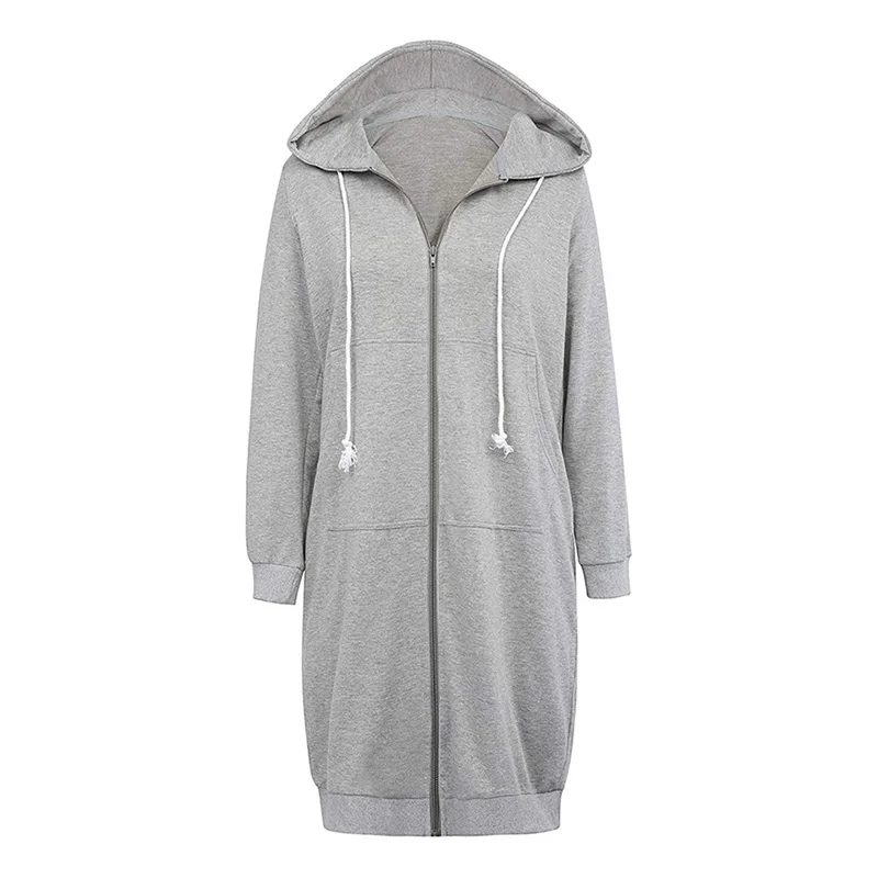 Серый Женские толстовки, свитшоты, Осенние, одноцветные, с длинным рукавом, повседневные, свободные, длинные, пальто, на молнии, кофты, топы - Цвет: Серый