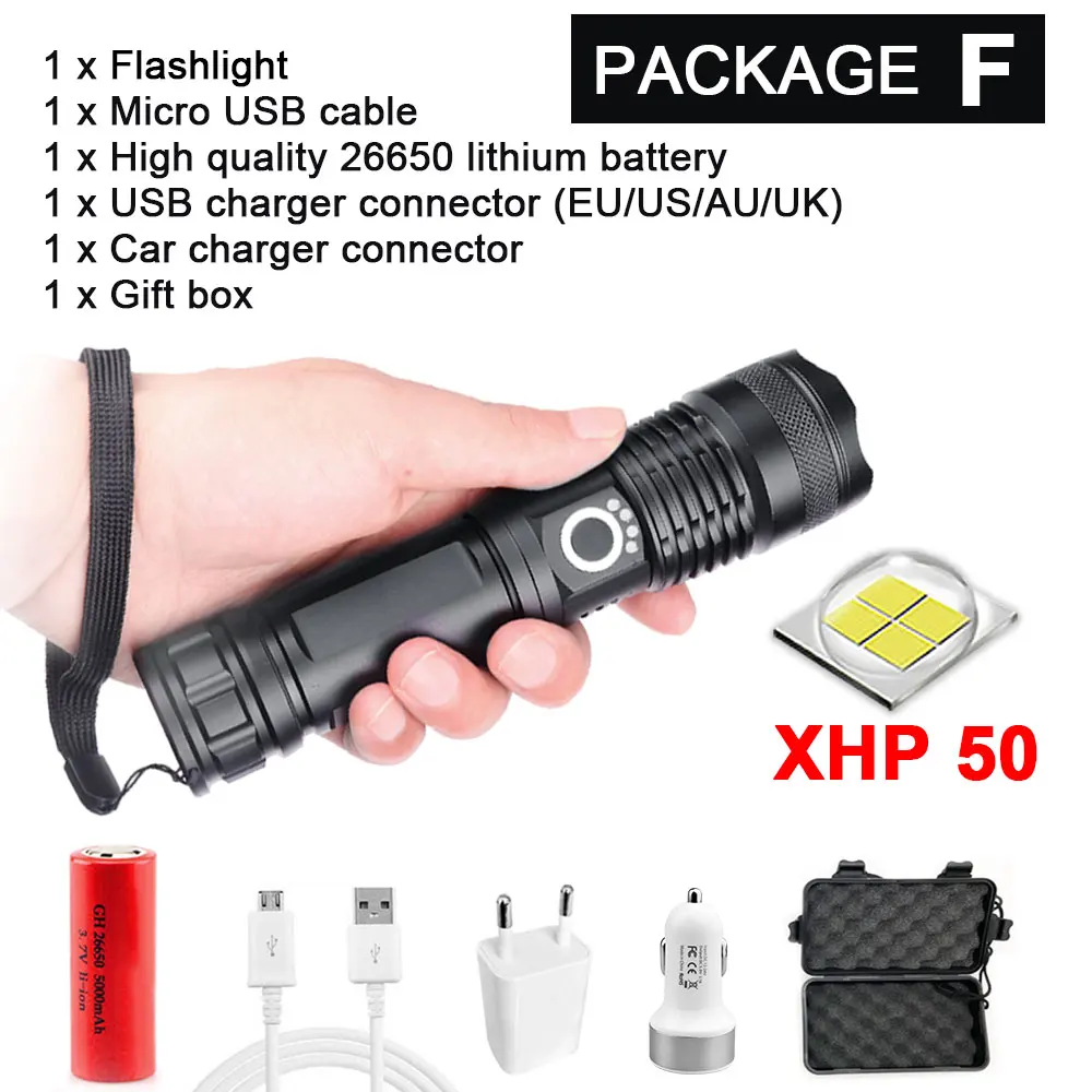 XHP50.2 светодиодный фонарик самый мощный светодиодный фонарь охотничий рыболовный фонарь tactica 18650/26650 водонепроницаемый перезаряжаемый USB фонарь - Испускаемый цвет: Package F