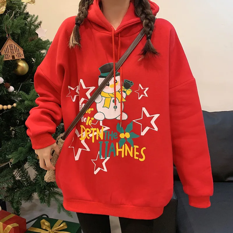 

Women 's Hoodie Christmas Jumper Red Cartoon New Year Hooded Loose Round Collar Pullover Streetwear Drawstring Winter Coat 2022