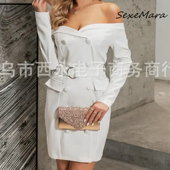 

Office Lady Fashion Sexy Slim Mini Dress 2020 Fashion Slash Neck Long Sleeves Sashes Dress