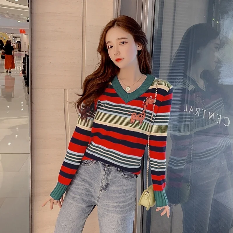 

Sweater Pullover Women Striped Christmas Sweaters Giraffe Print Loose Sweater Women Winter 2019