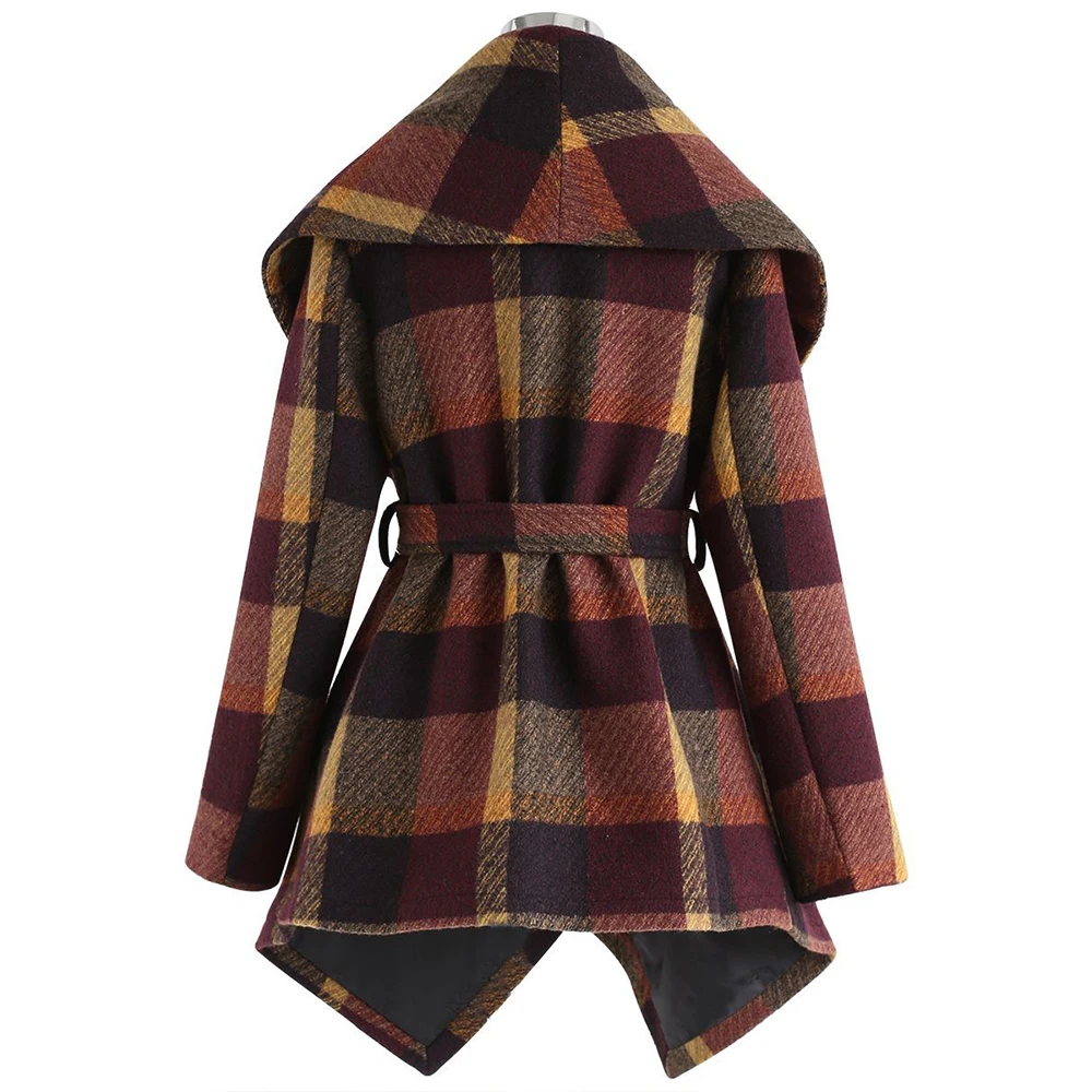 Autumn/Winter Stylish And Warm Sashes Trench Women Woolen Plaid Coats Turn-Down Collar Medium-Long Female Jackets