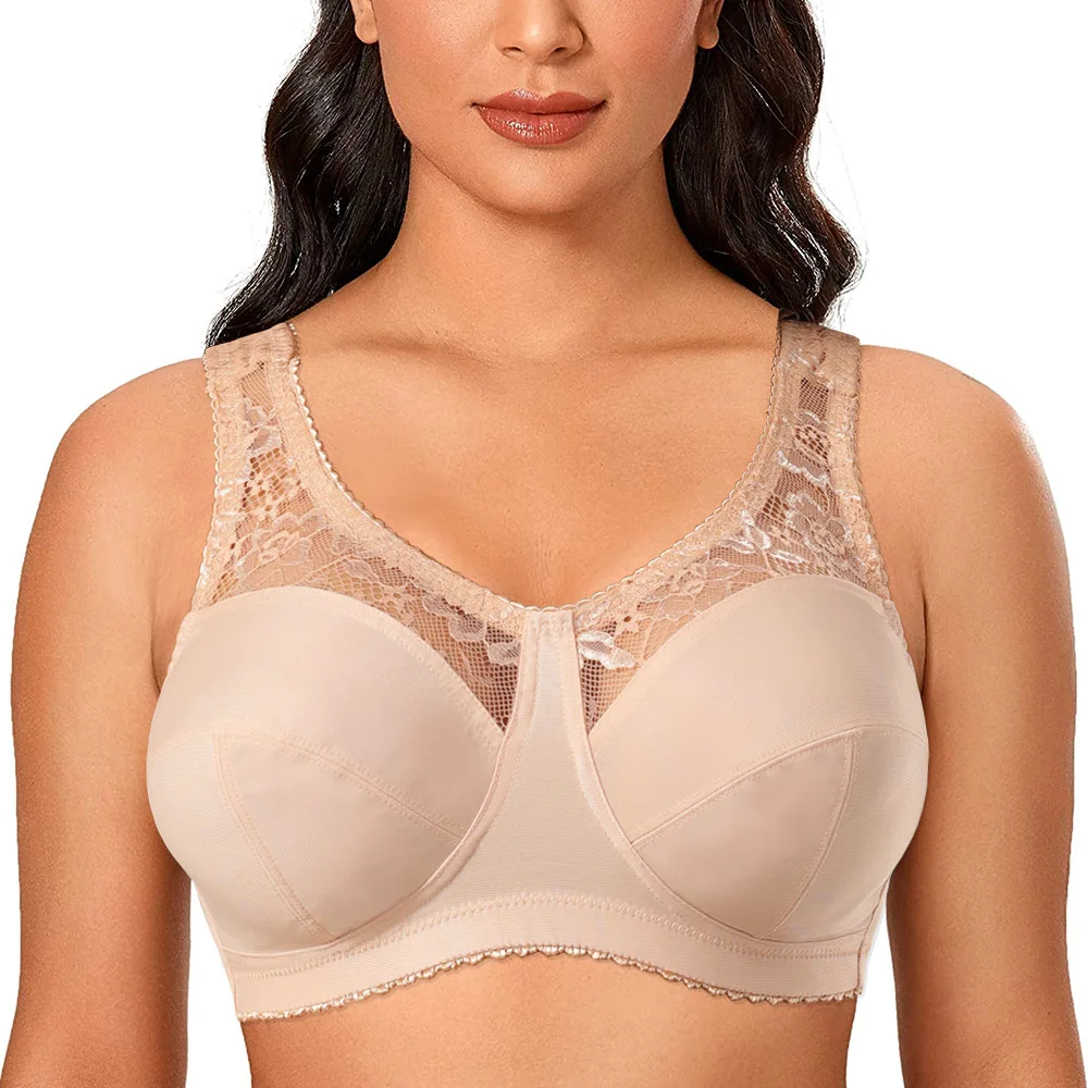 Women's Soft Cups Embroibered Wireless Minimizer Bra Plus Size Bralette  Full Cup 34 36 38 40 42 44 46 48 52 54 56 B C D E F G H