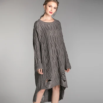

Fashion Loose Fit Knitted Dress holes irregular Casual Sweater Dress O neck Winter Comfortable Sweater Knitted Dress strenchy