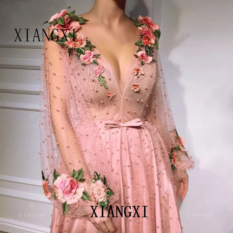 Платья для женщин a-ligne profonde col en v manches longues Тюль perles fleurs Дубай saoudien arabe longue robe d