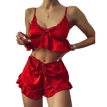 

Women 2Pieces Lingerie Underwear Homewear Sets Sleeveless V neck Lace Ruffled Crop Top Camisole and Shorts Pajamas Sleepwear