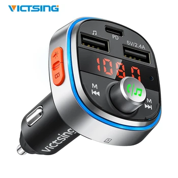 

VicTsing 7 Color LED Lights Bluetooth FM Transmitter for Car Deep Bass PD3.0 Fast Charge 3 USB Port Bluetooth V5.0 Transmitter