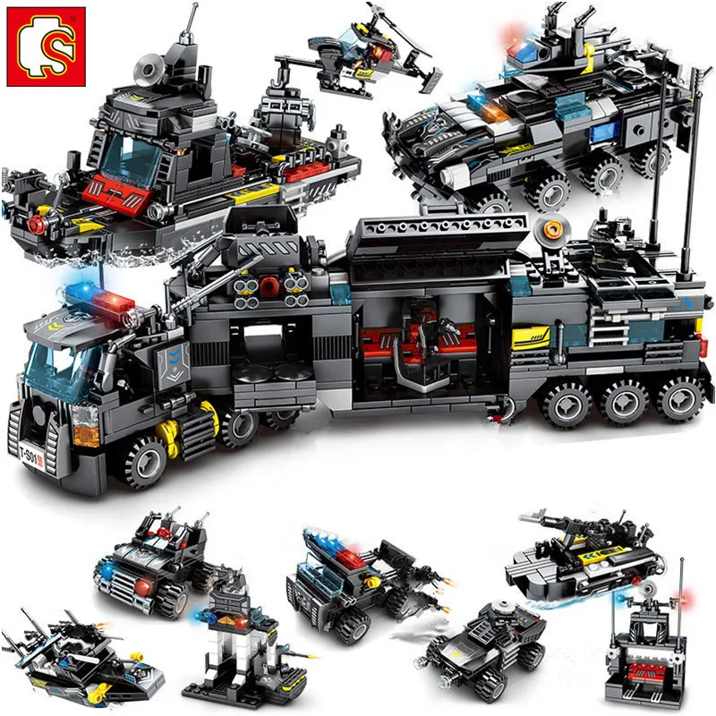 695 pièces ville SWAT Police camion bateau modèle technique blocs de construction ensembles Playmobil Brinquedos briques jouets éducatifs Sembo bloc