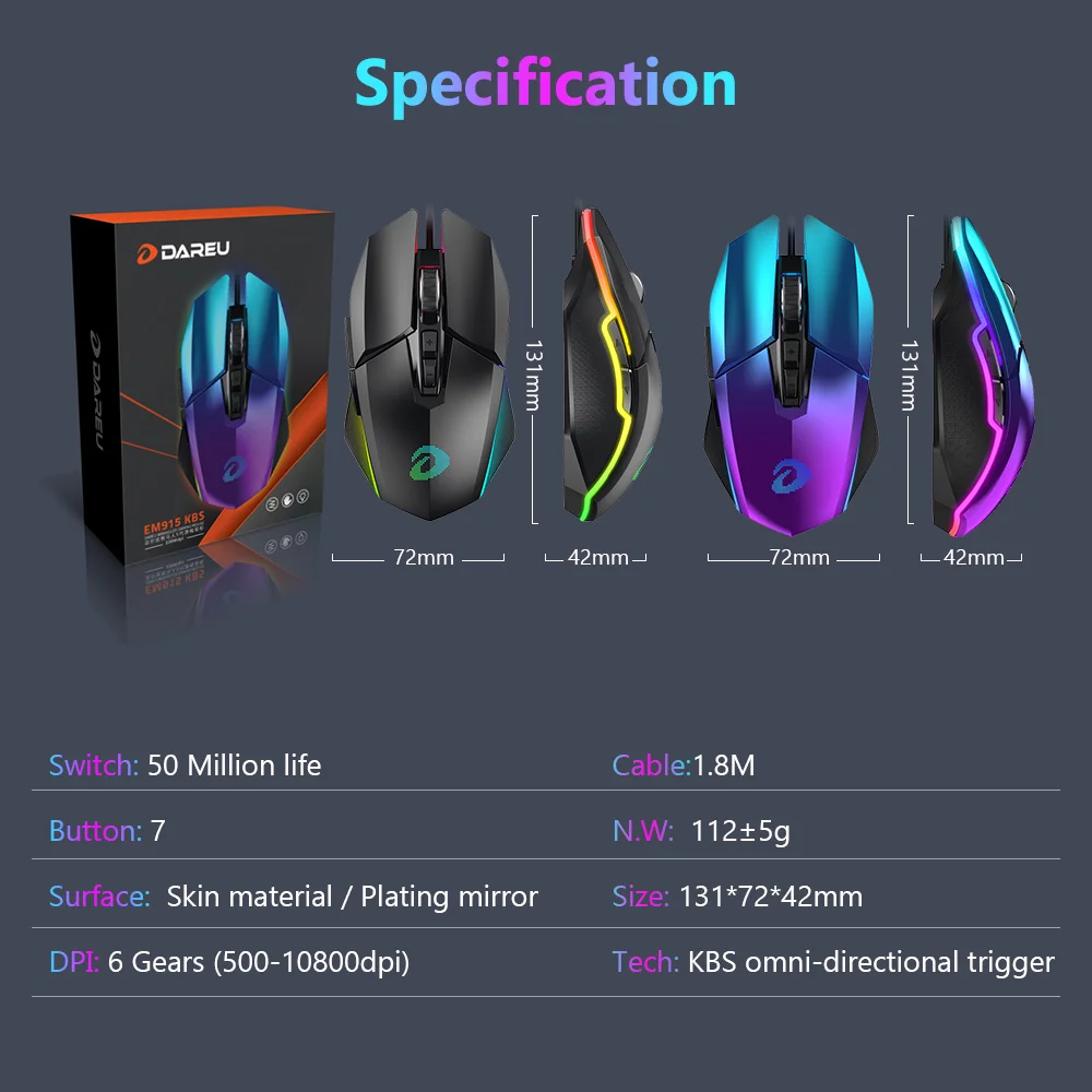 Игровая мышь DAREU EM915 RGB PMW3336 10800 DPI 50 миллионов life 7 кнопок мыши с кнопками KBS