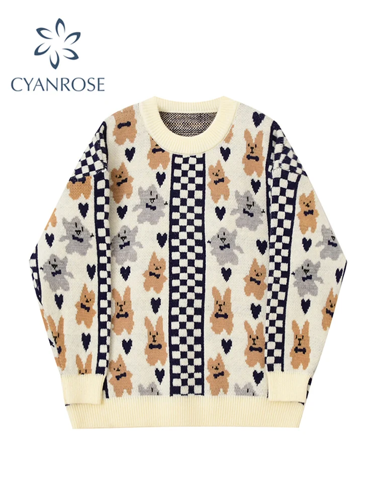 2021 Vintage Print Sweater Pullovers For Women Sweet Casual Harajuku Oversized Fashion O-Neck Female Loose Warm Knitwear Jumper | Женская