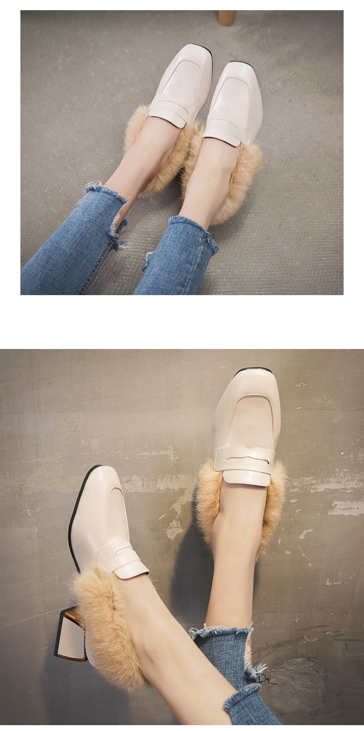 square toe small leather shoes white soft leather fur shoes woman slip on moccasins brand chunky women espadrilles warm loafers