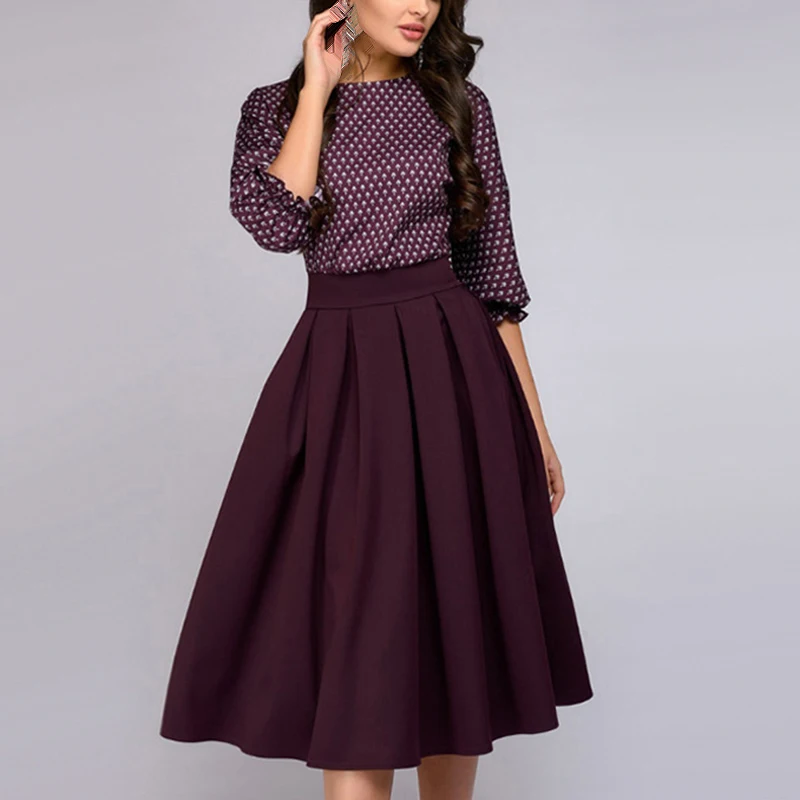 Women vintage dress Casual office a line Dress Round Neck 3/4 Sleeve Polka Dots Printed elegant ladies dresses party