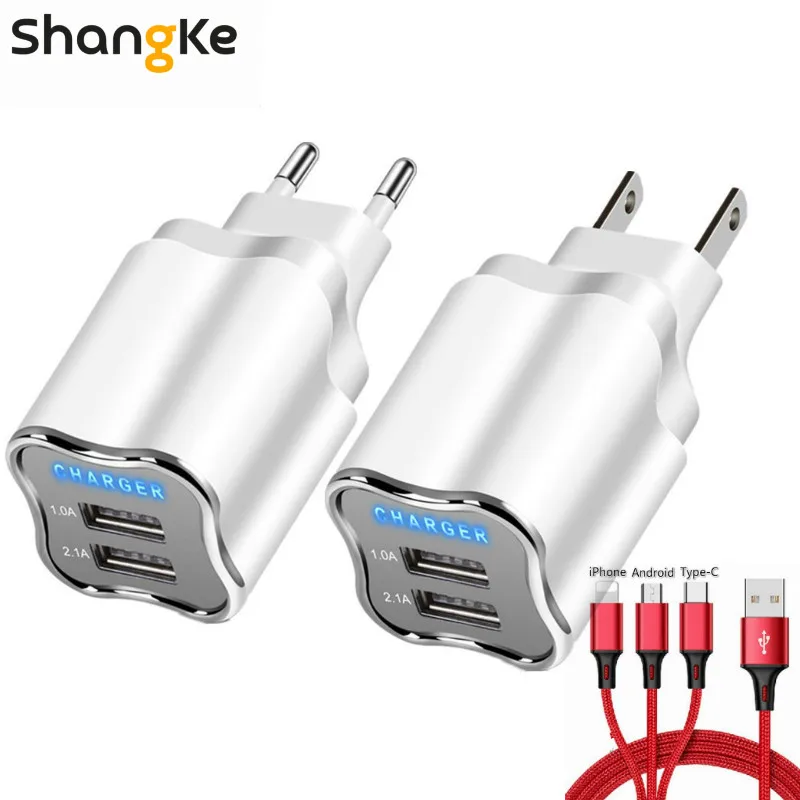 Двойной USB зарядное устройство для телефона зарядное устройство ЕС США штекер светодиодный светильник 5 в 2.1A быстрое зарядное устройство адаптер для iPhone samsung Xiaomi зарядное устройство для мобильного телефона