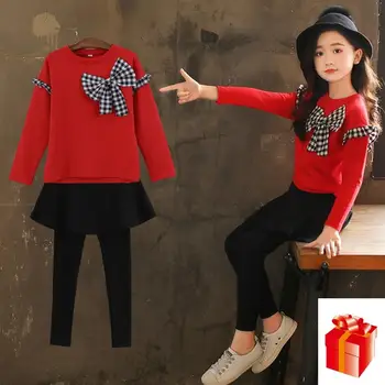

Clothing for girl 2018 New Butterfly Knot Suit Korean Edition Leisure Long Sleeve Guard + Skirt and Trousers Two-piece Suit