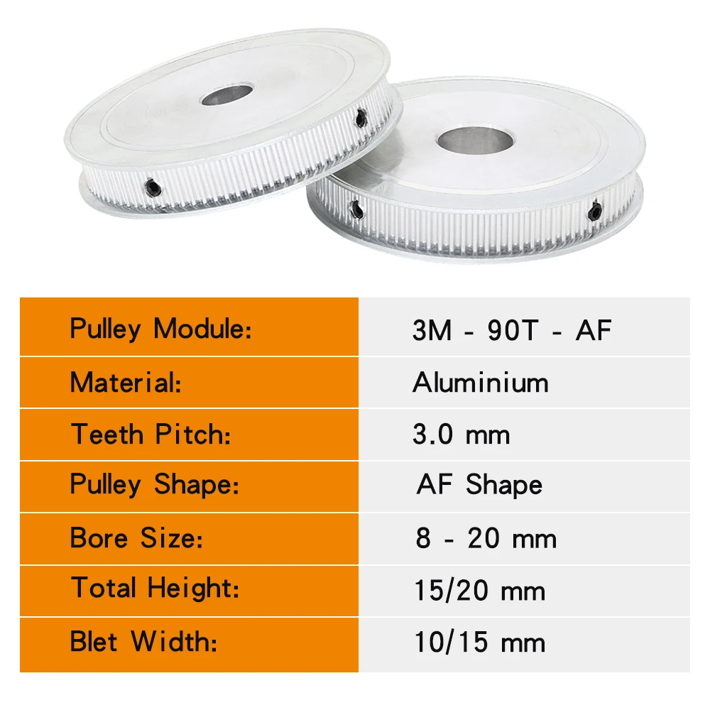 전기 모터 풀리 보어 사이즈 8mm, 10mm, 12mm, 14mm, 15/20mm 벨트 풀리 합금 소재, 너비 10/15mm, 3M-90T 타이밍 벨트