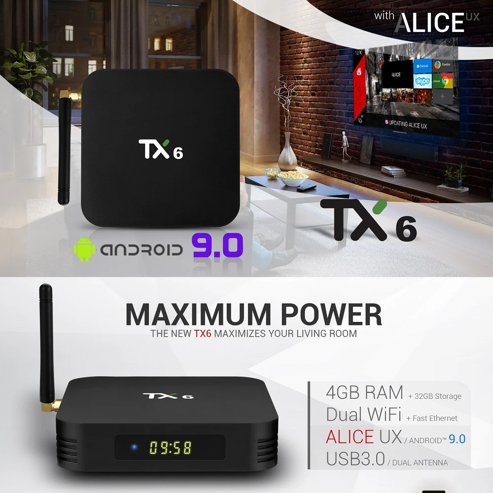  Android 9.0 TV Box TX6 4GB RAM 64GB 5.8G Wifi Allwinner H6 Quad Core USD3.0 BT4.2 4K Google Player 