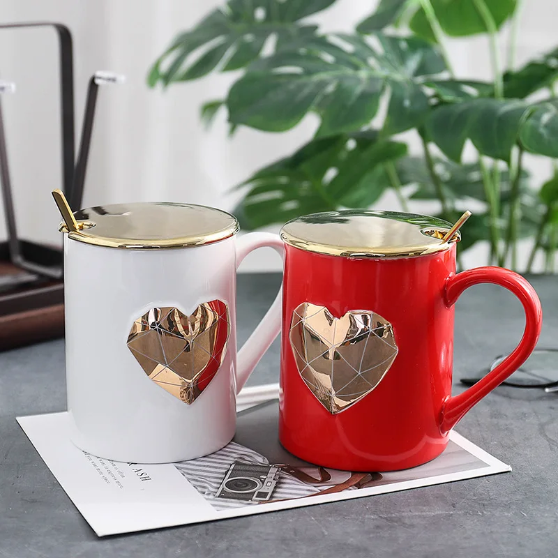 "Emboss Heart" Современное красивое керамическое кружка с Ложка Крышка чайная чашка для кофе с молоком домашняя офисная кружка подарок для влюбленных