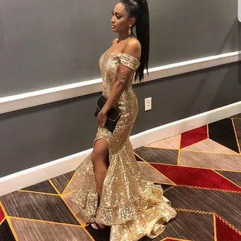 

Eightree Gold Appliques Mermaid Prom Dresses Off The Shoulder Side Split Ruffles Formal Evening Party Gowns Robe De Soiree