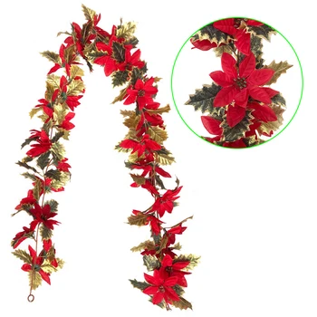 

Silk Flower 1pc Artificial Rattan Wreath Garland Xmas Holiday Party Decor 1.75m