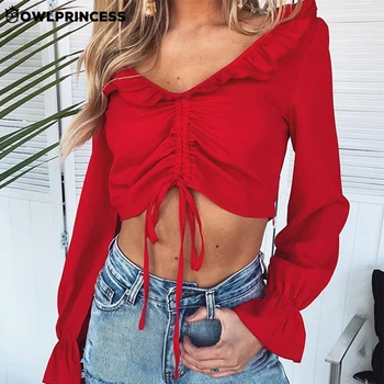 

Daily suit OWLPRINCESS V Neck Fold Female T Shirts Sexy Cropped Tops Long Sleeve Harajuku T Shirt Women's Shirts Vetement