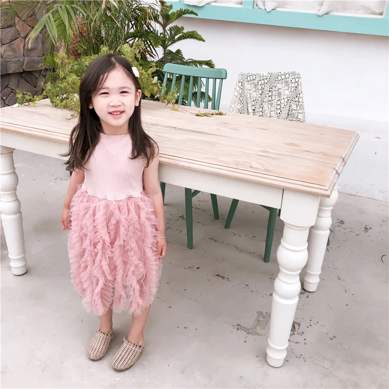 

Korean-style Summer New Style Children Princess Bubble Dress Mesh Dress peng xiu Sleeveless Sunken Stripe Solid Color Dress
